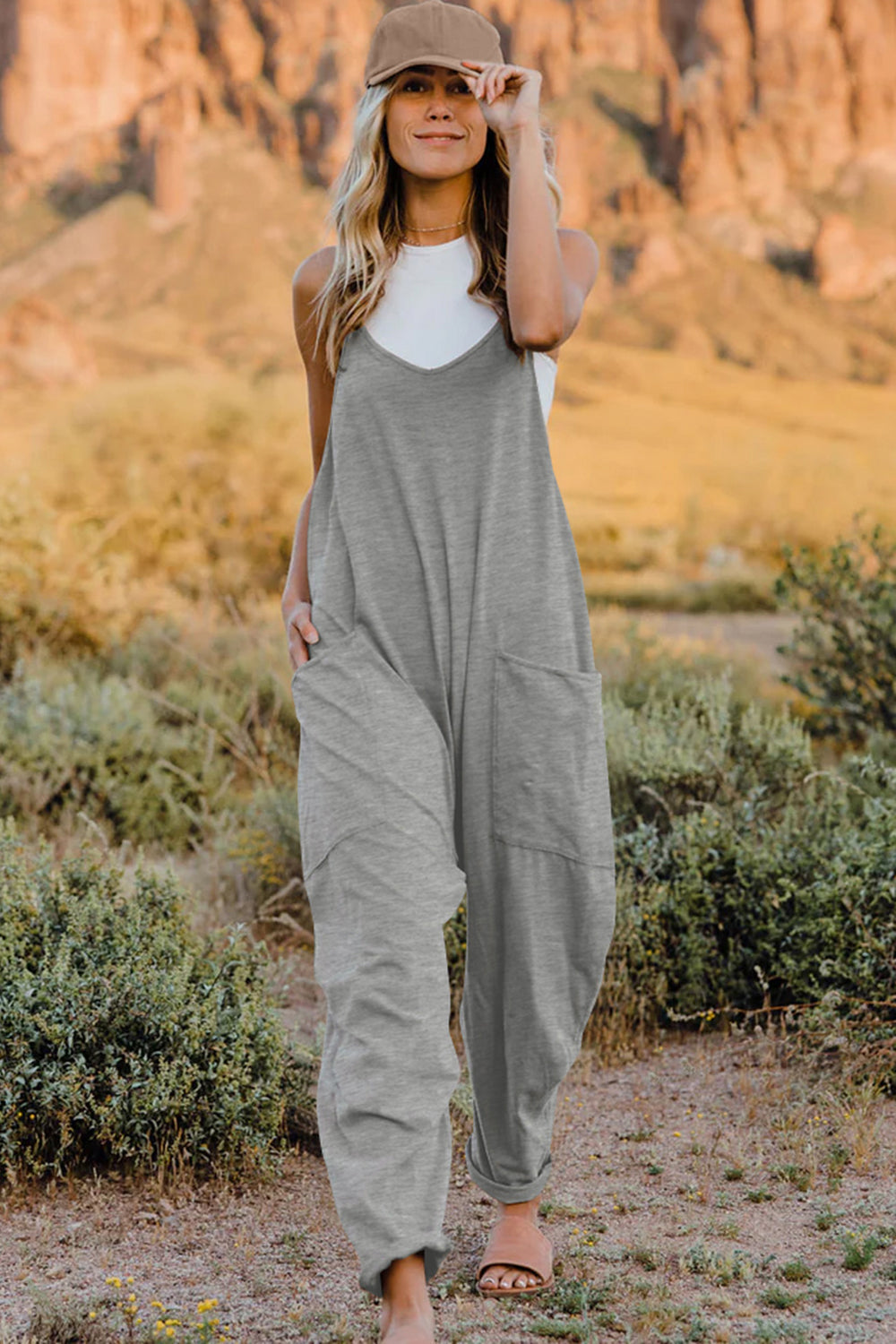 Double Take Full Size V-Neck Sleeveless Jumpsuit with Pockets - ClassiQ
