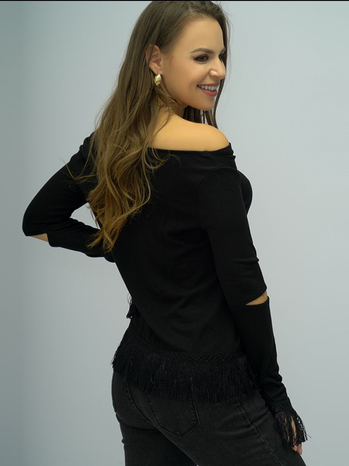 Shiny Full Size Off-Shoulder Cutout Fringe Hem Top - Classique Collection