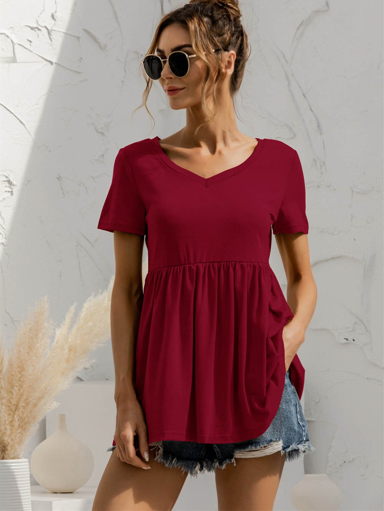 V-Neck Short Sleeve Babydoll Top - Classique Collection