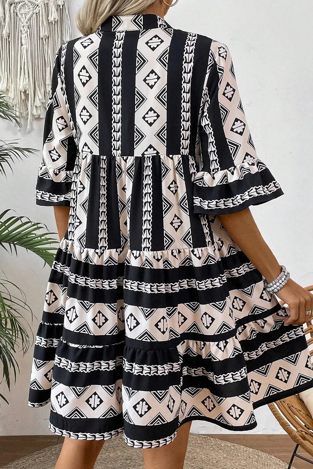 Tiered Printed Notched Half Sleeve Dress - Classique Collection