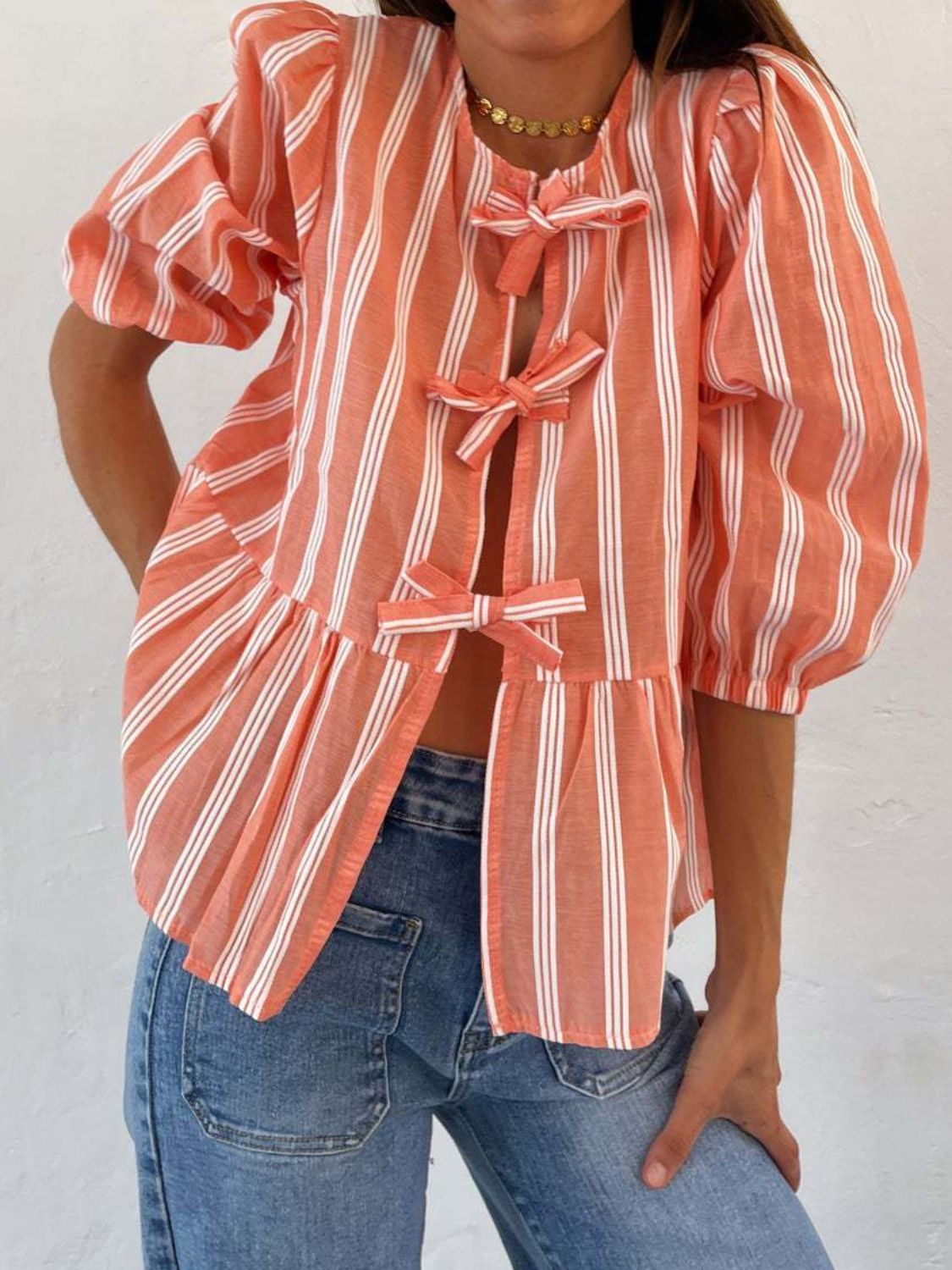 Tied Round Neck Balloon Sleeve Shirt - Classique Collection