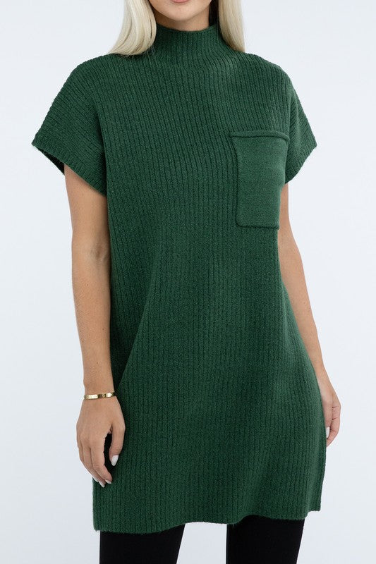 Mock Neck Short Sleeve Sweater Dress with Pocket - Classique Collection
