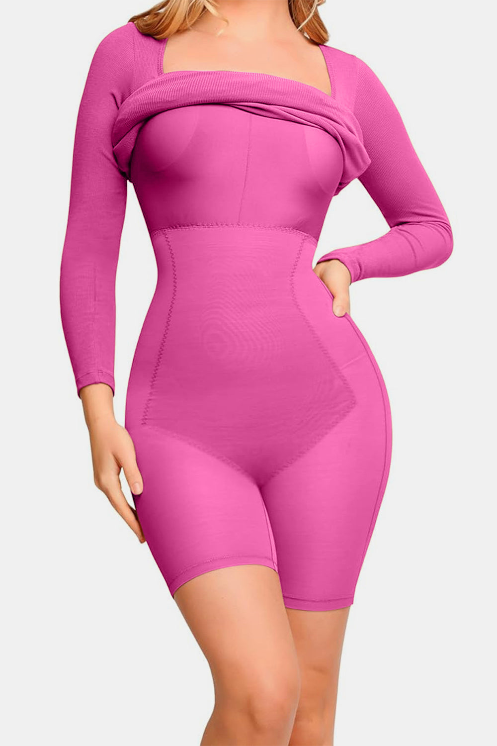 Basic Bae Full Size Built-In Shapewear Square Neck Long Sleeve Dress - Classique Collection