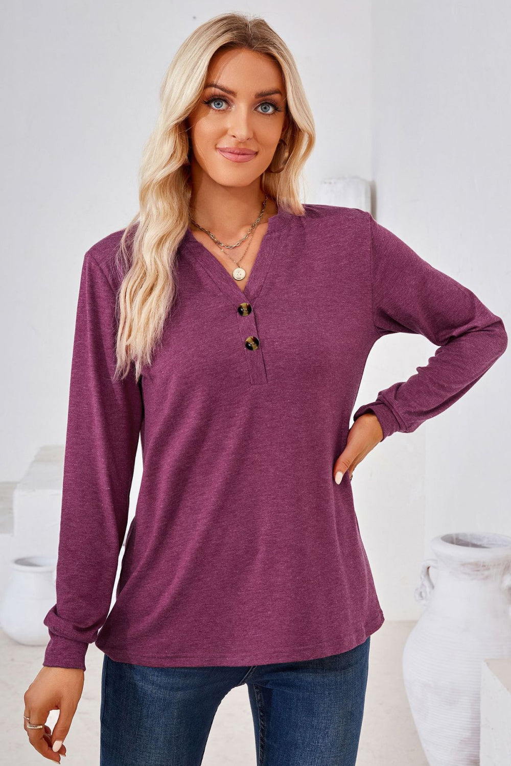 V-Neck Buttoned Long Sleeve Blouse - Classique Collection