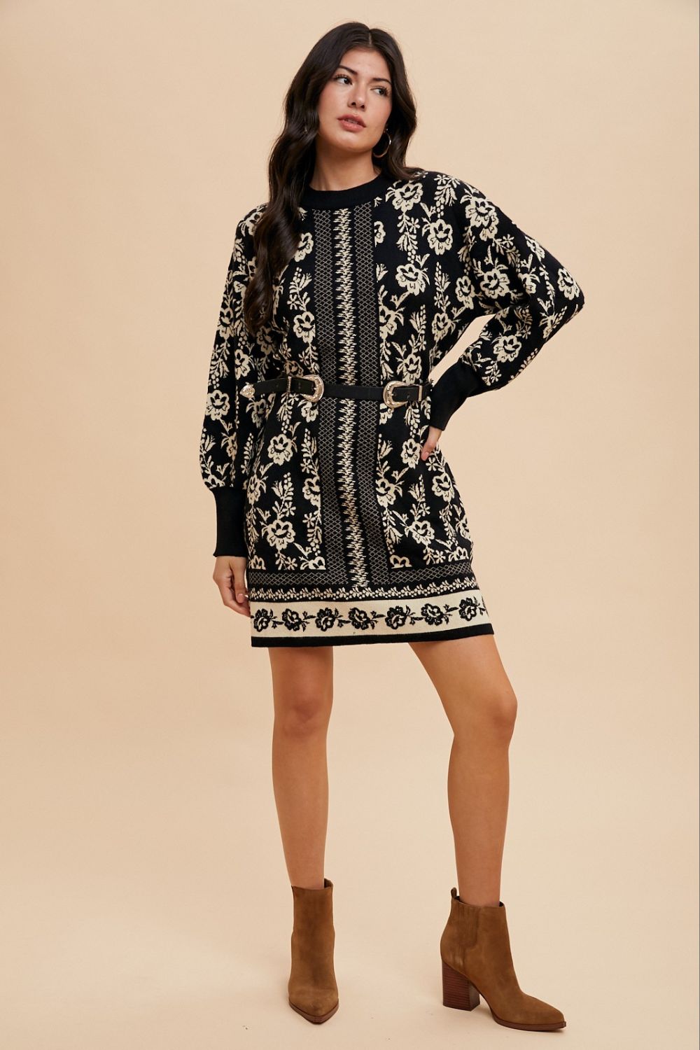 Annie Wear Floral Jacquard Round Neck Sweater Dress - Classique Collection