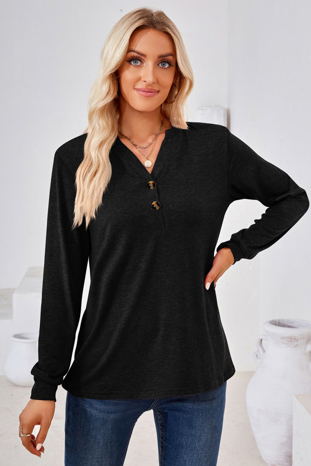 V-Neck Buttoned Long Sleeve Blouse - Classique Collection