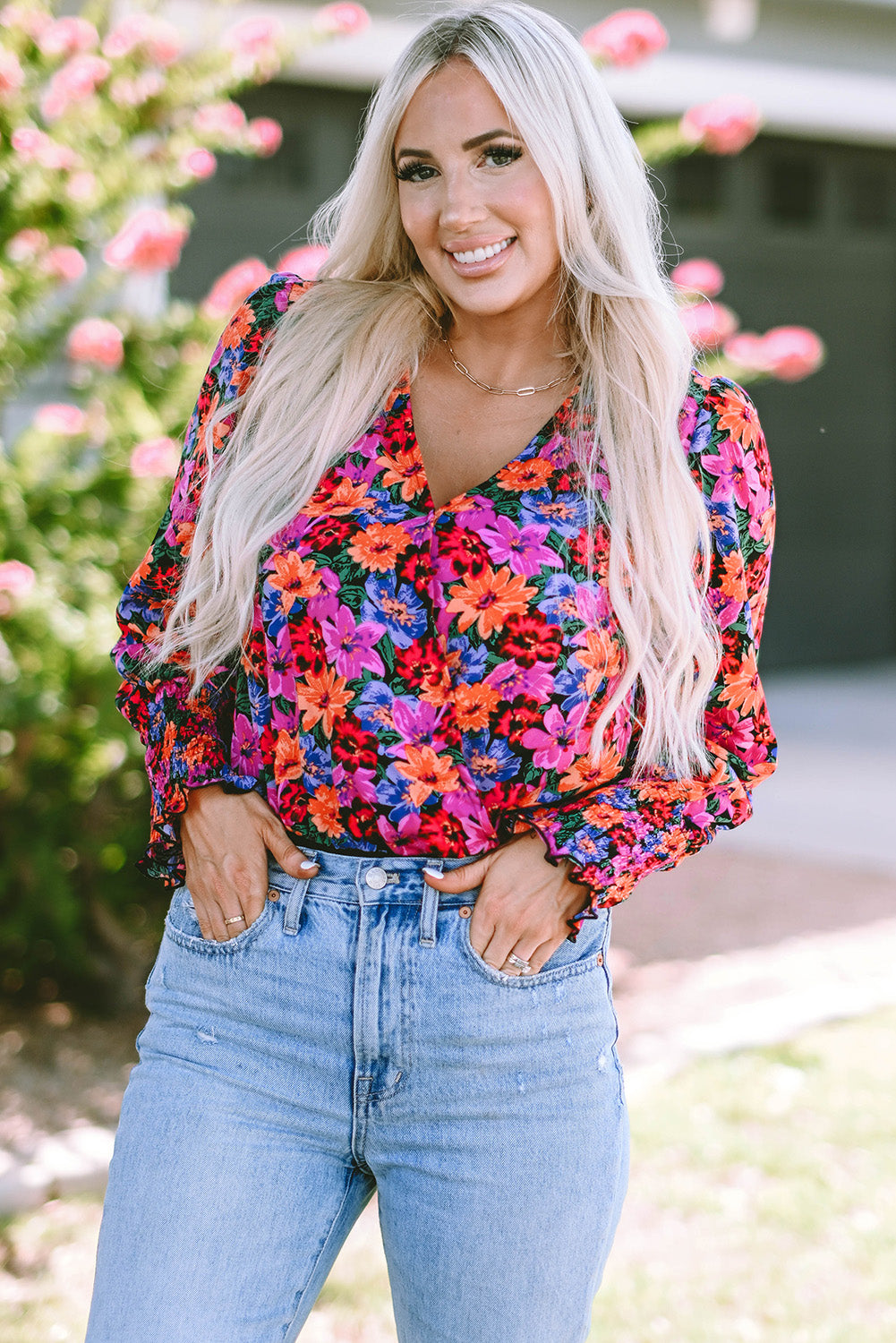 Flower Surplice Long Sleeve Top - Classique Collection