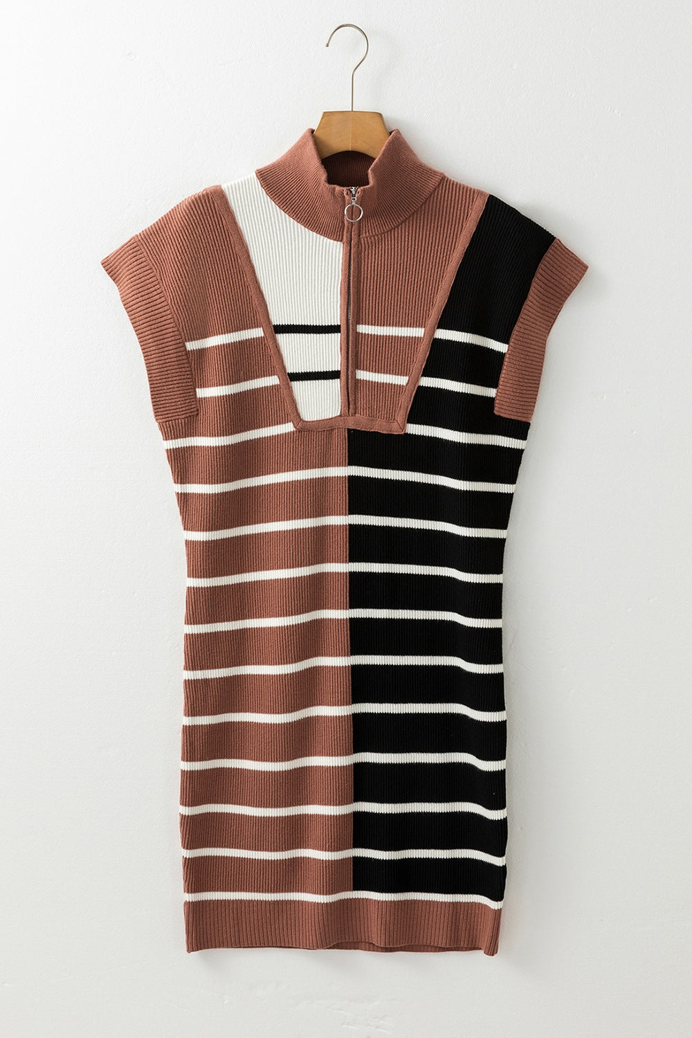 Striped Quarter Zip Cap Sleeve Sweater Dress - ClassiQ