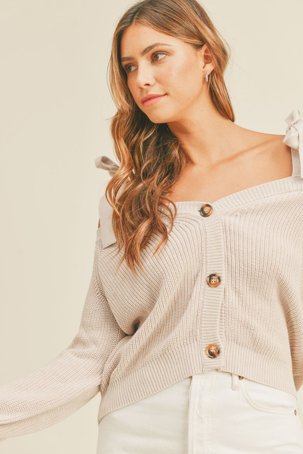 MABLE Off Shoulder Self Tie Strap Button Down Sweater - ClassiQ