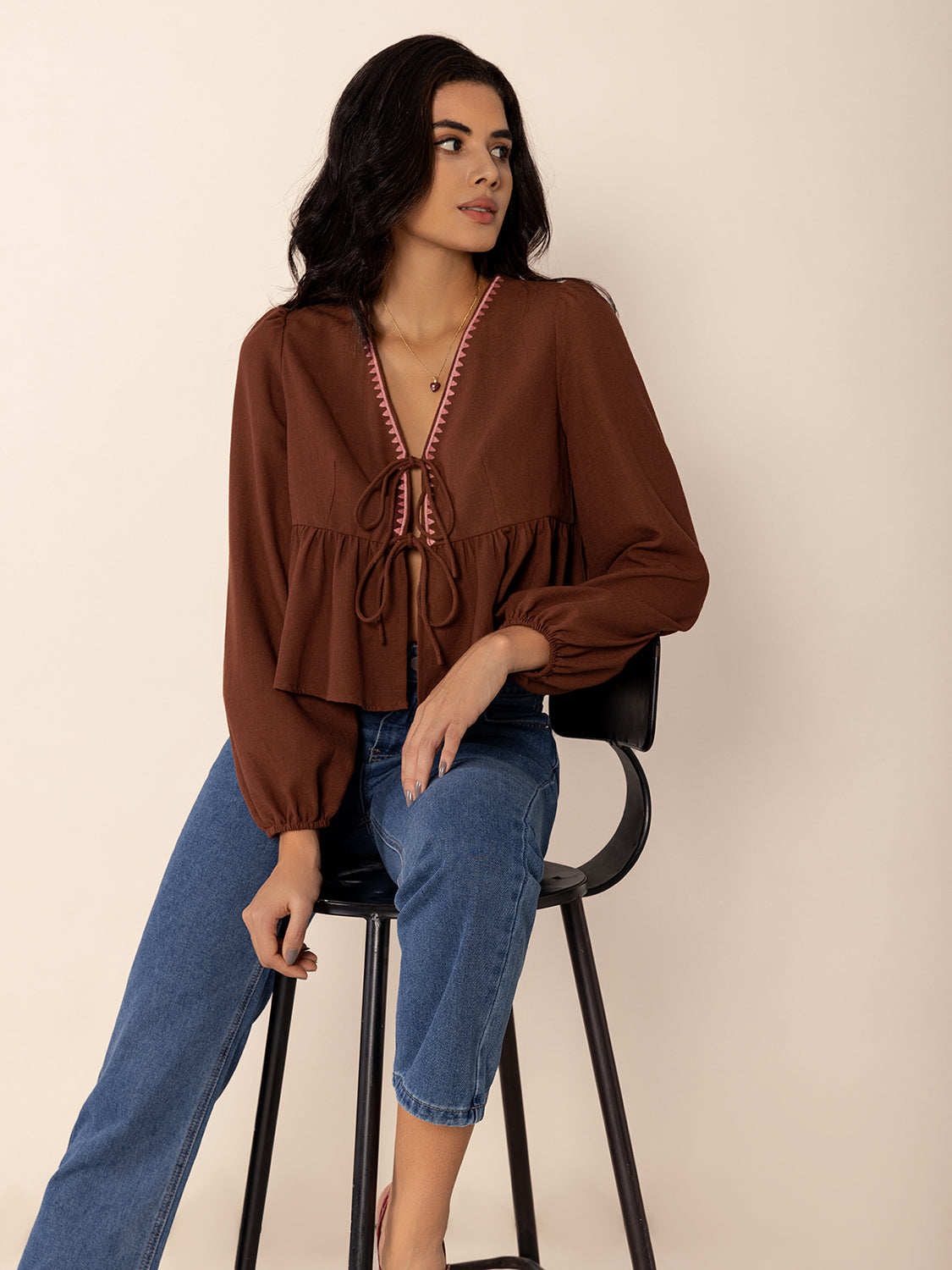 Peplum Tied V-Neck Long Sleeve Blouse - Classique Collection