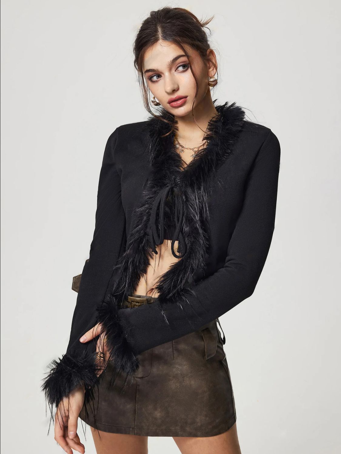 Tied Fuzzy Trim Long Sleeve Knit Cardigan - ClassiQ