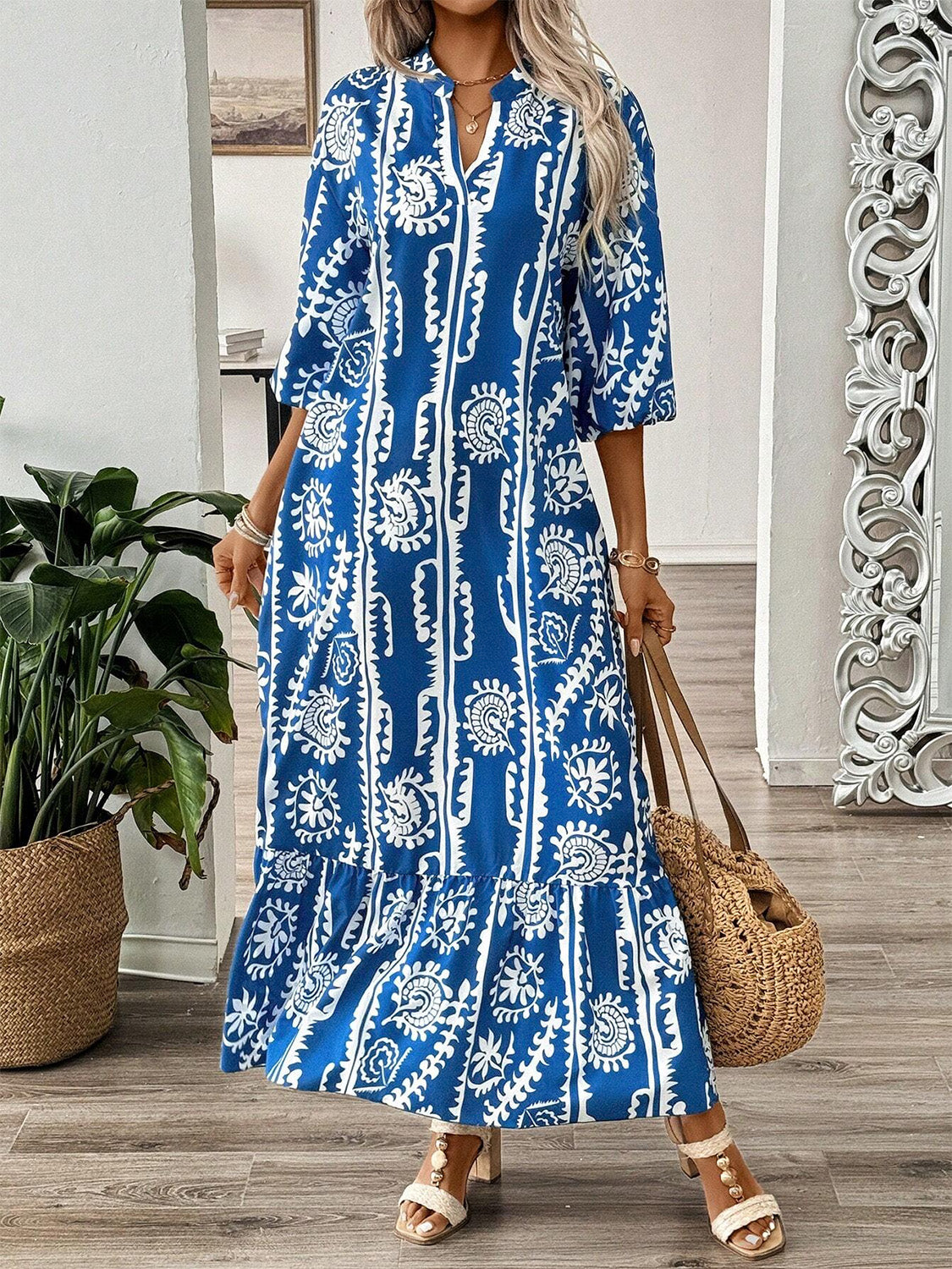 Printed Notched Half Sleeve Maxi Dress - Classique Collection