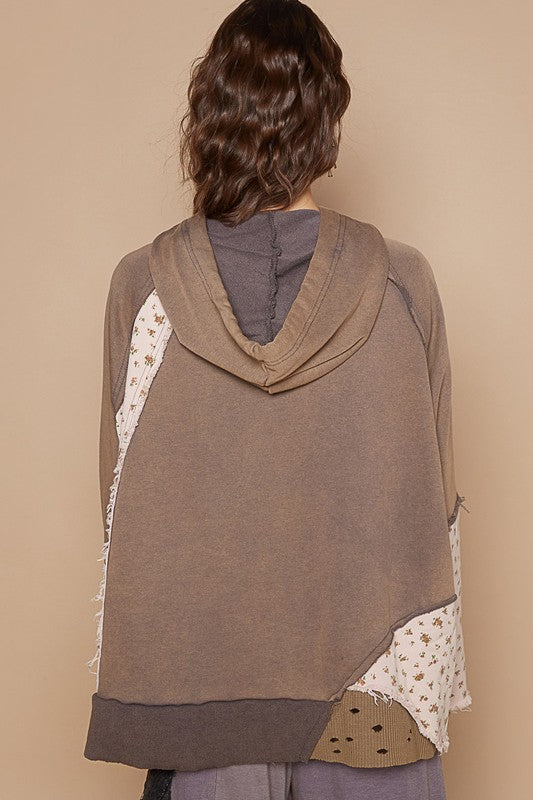 POL Floral Patchwork Distressed Drawstring Hoodie - Classique Collection