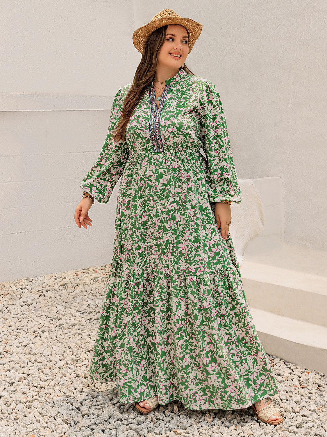 Plus Size Printed Notched Long Sleeve Maxi Dress - Classique Collection