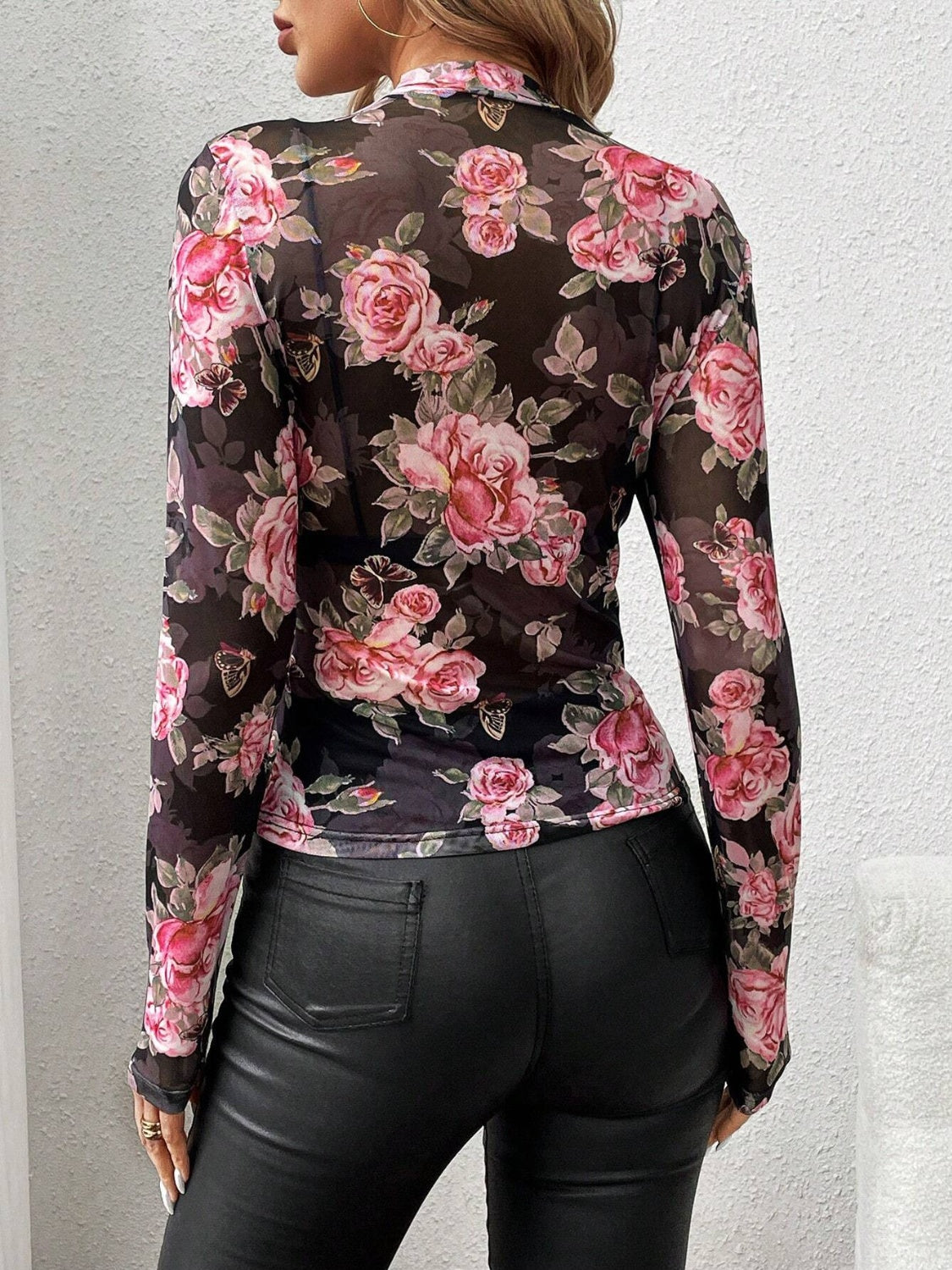 Mesh Floral Mock Neck Long Sleeve Top - Classique Collection