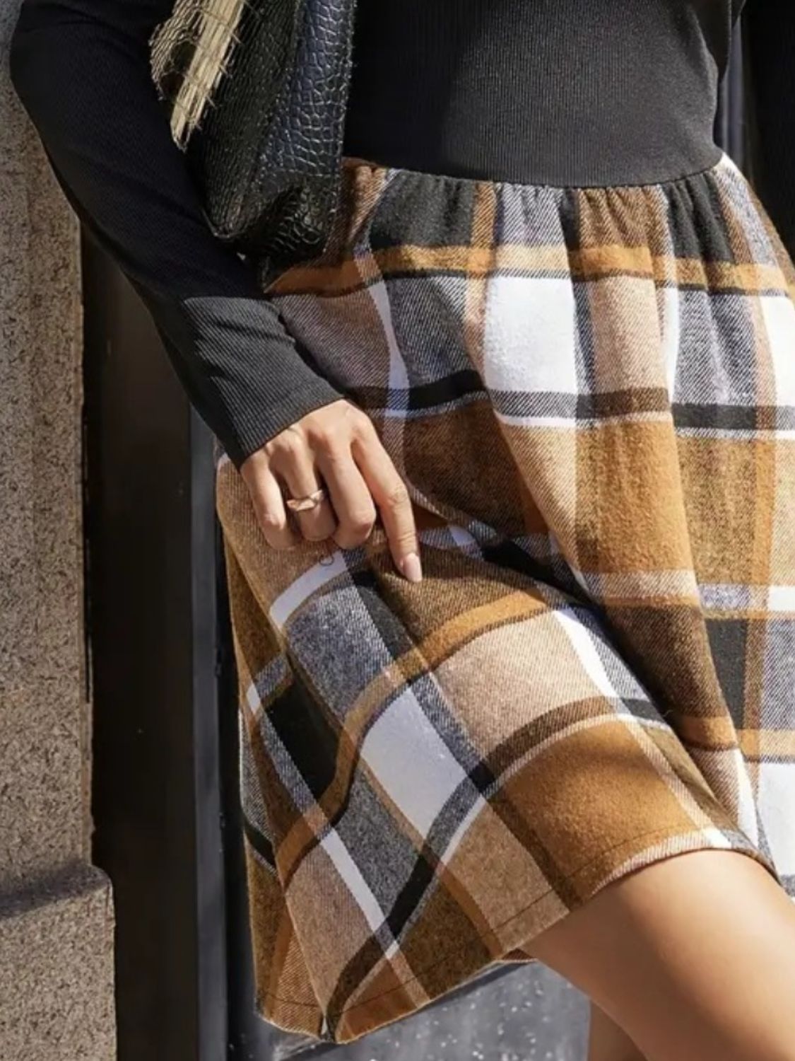 Ruffled Plaid Round Neck Long Sleeve Mini Dress - Classique Collection
