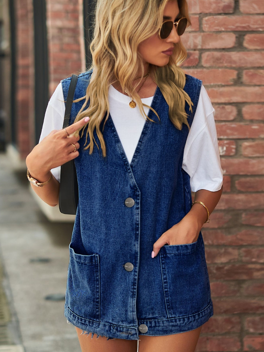 Full Size V-Neck Button Up Denim Vest - Classique Collection