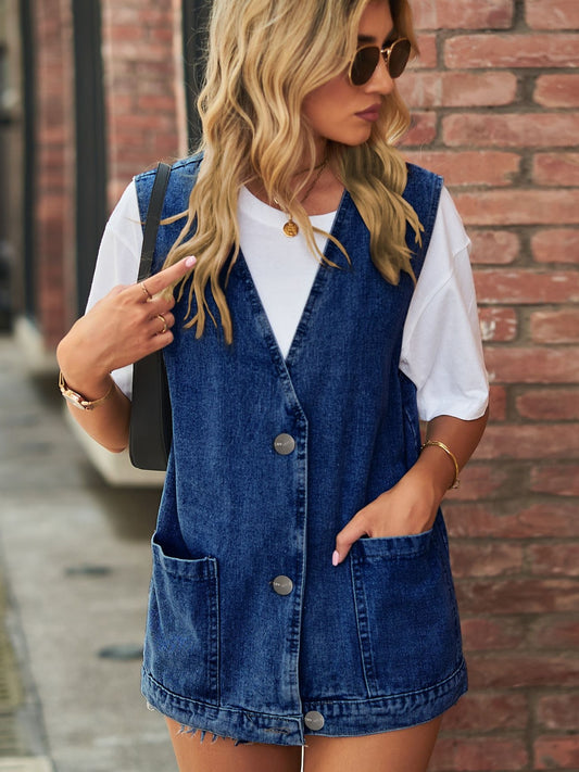 Full Size V-Neck Button Up Denim Vest - Classique Collection