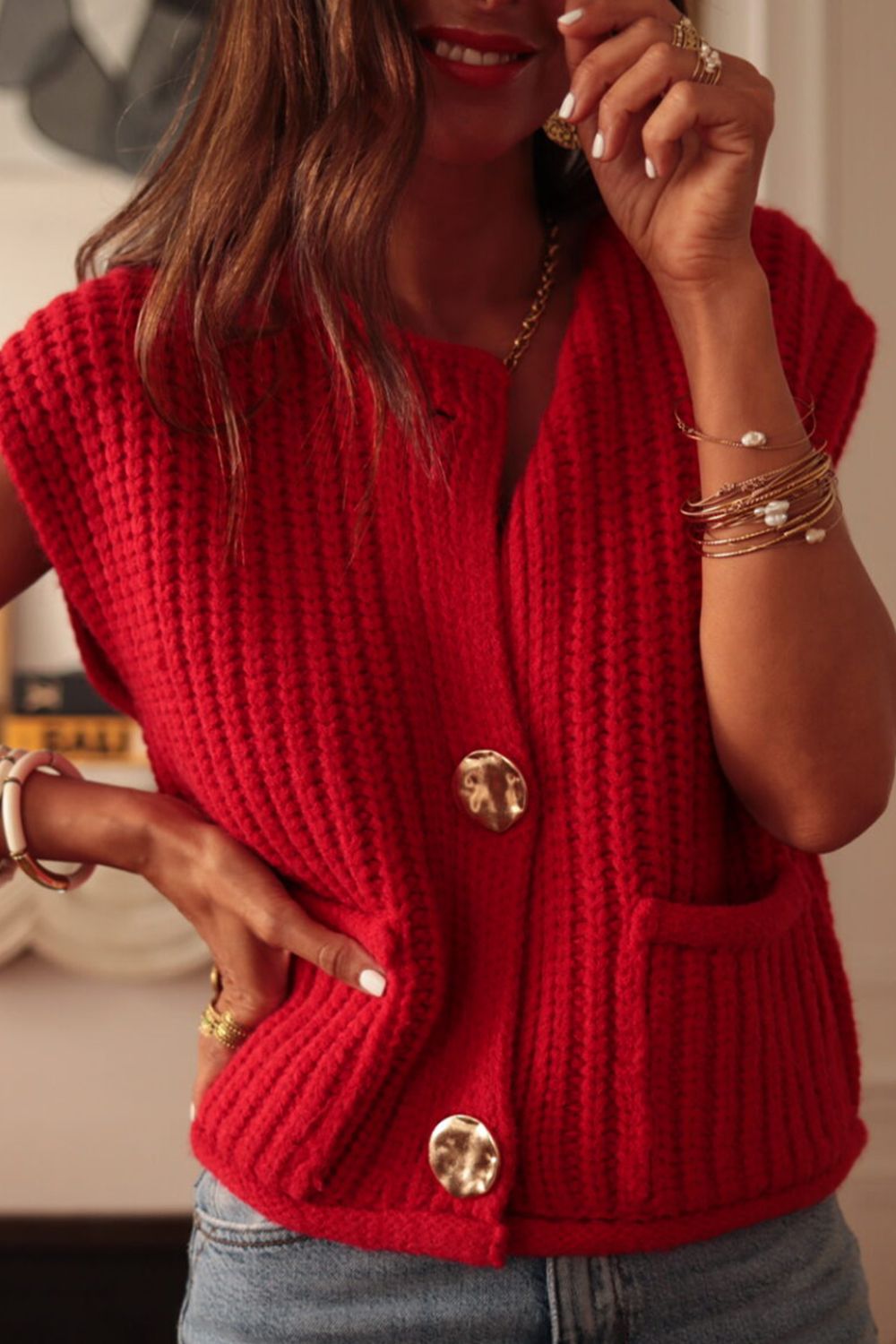 Button Down Sweater Vest with Pockets - ClassiQ