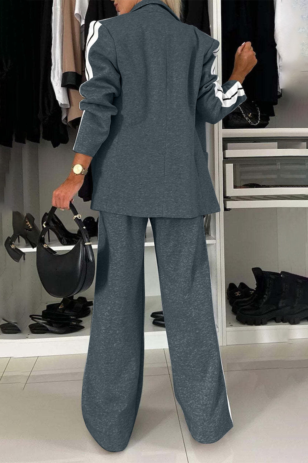 Full Size Contrast Lapel Collar Top and Pants Set - ClassiQ