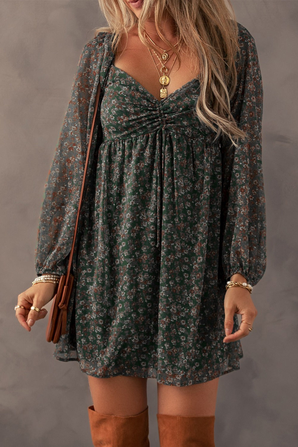 Ruched Printed Long Sleeve Mini Dress - Classique Collection