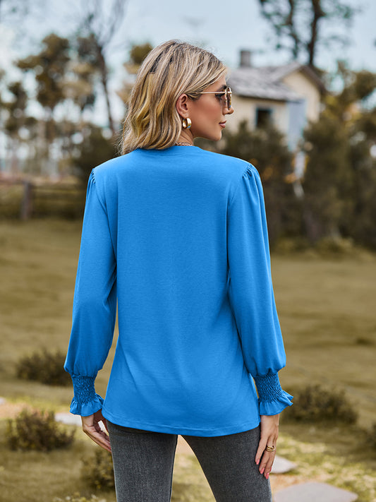 Notched Neck Flounce Sleeve Blouse - Classique Collection