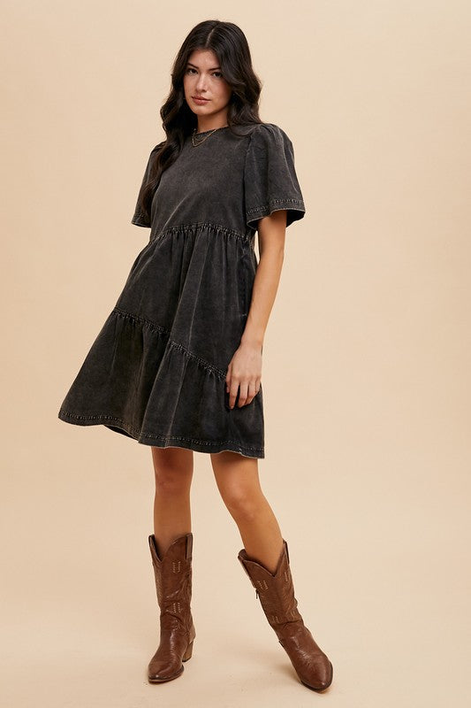 Annie Wear Mineral Washed Round Neck Short Sleeve Denim Dress - ClassiQ