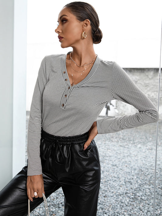 Ivy Lane Striped Buttoned V-Neck Long Sleeve Top - ClassiQ