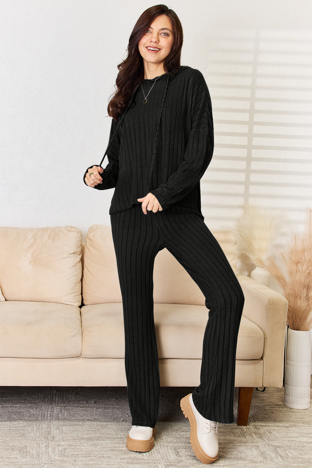 Basic Bae Full Size Ribbed Drawstring Hooded Top and Straight Pants Set - ClassiQ