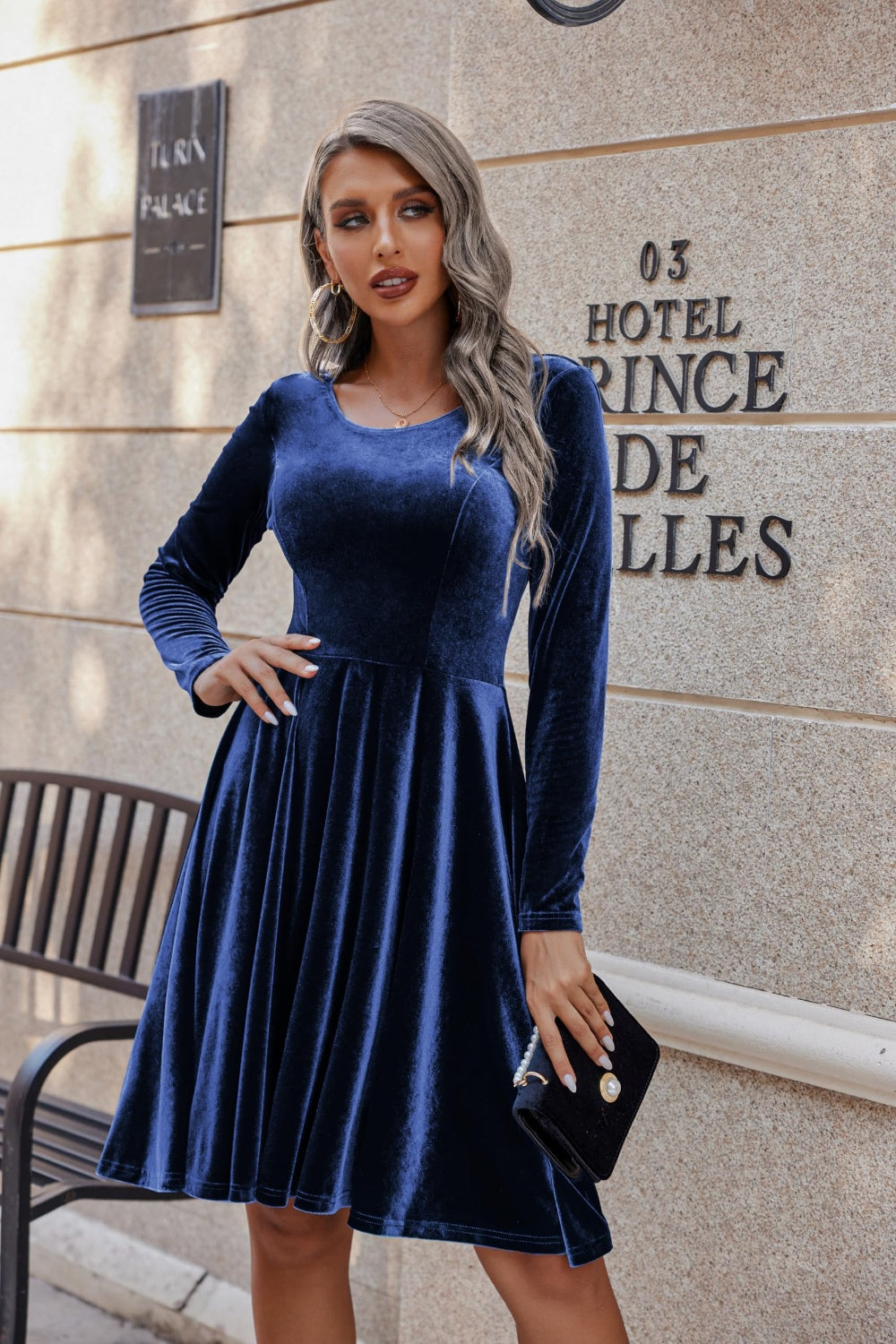 Round Neck Long Sleeve Knee Length Dress - Classique Collection