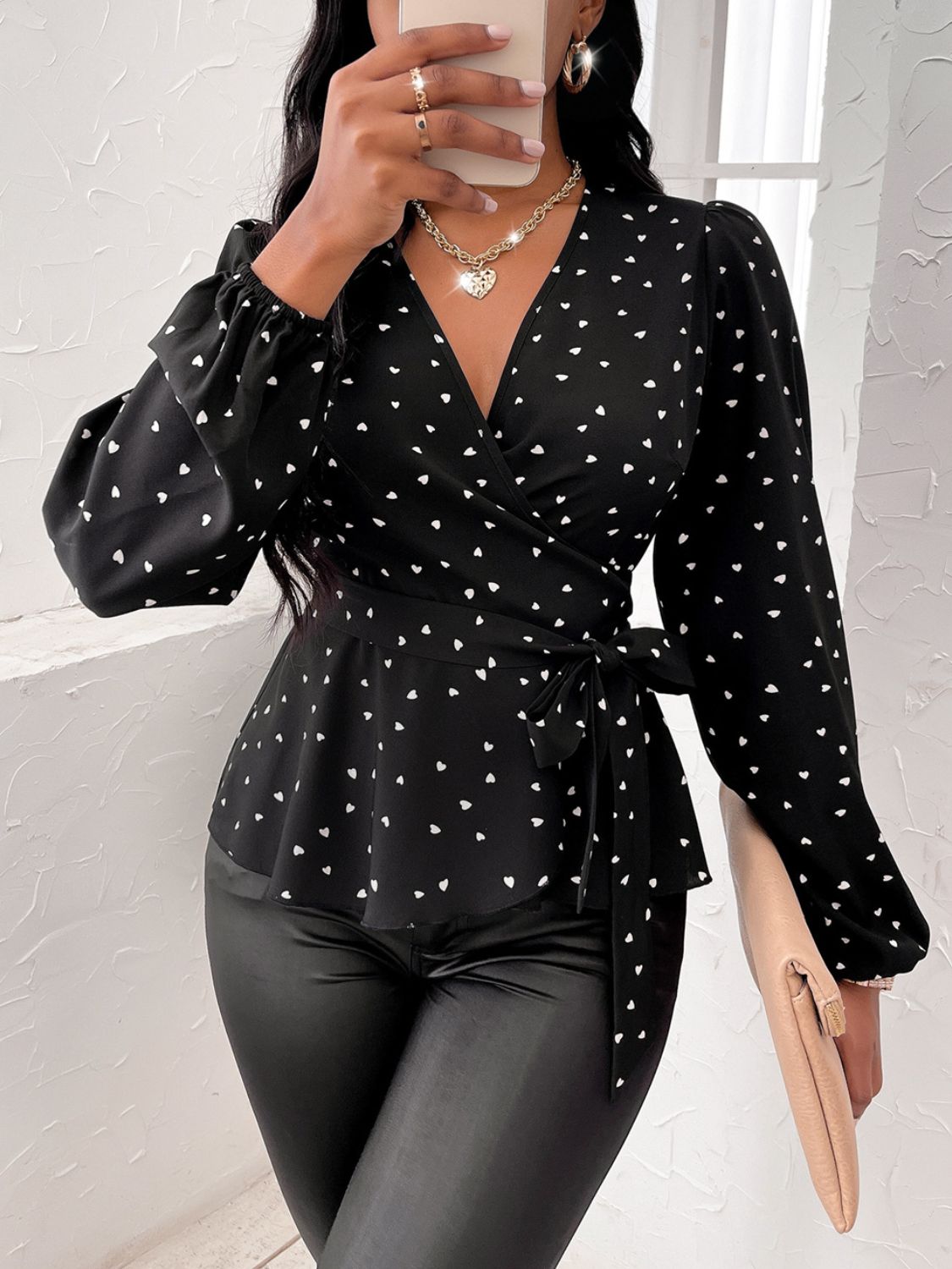Heart Print Surplice Balloon Sleeve Blouse - Classique Collection
