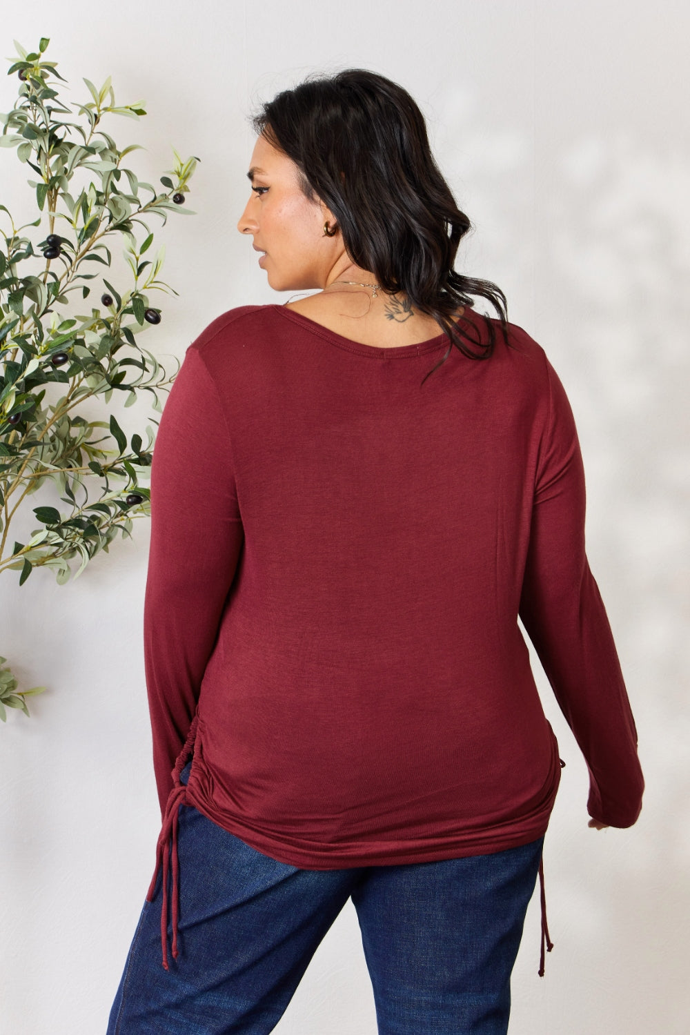 Culture Code Full Size Drawstring Round Neck Long Sleeve Top - Classique Collection