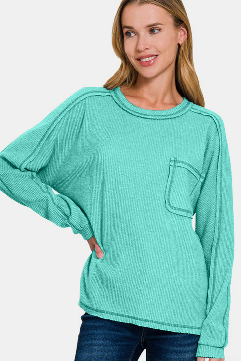 Zenana Full Size Contrast Stitching Brushed Ribbed Hacci Knit Top Plus Size - ClassiQ