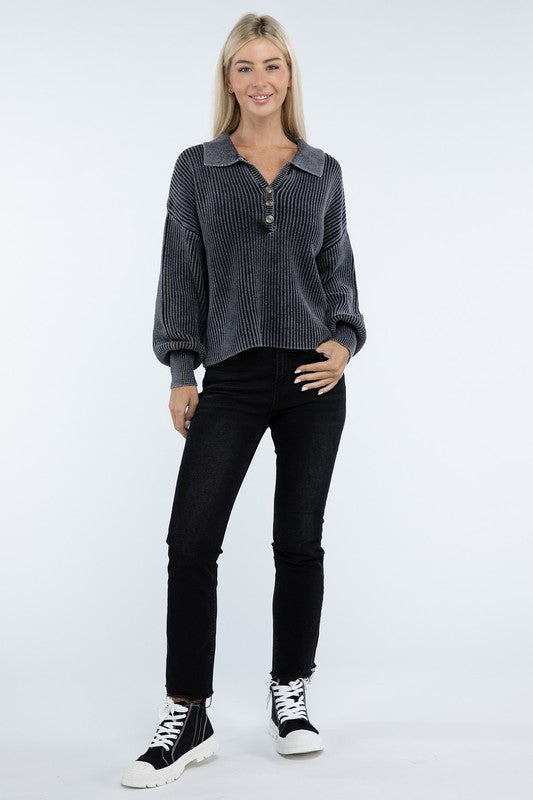 Washed Collared Henley Sweater - Classique Collection
