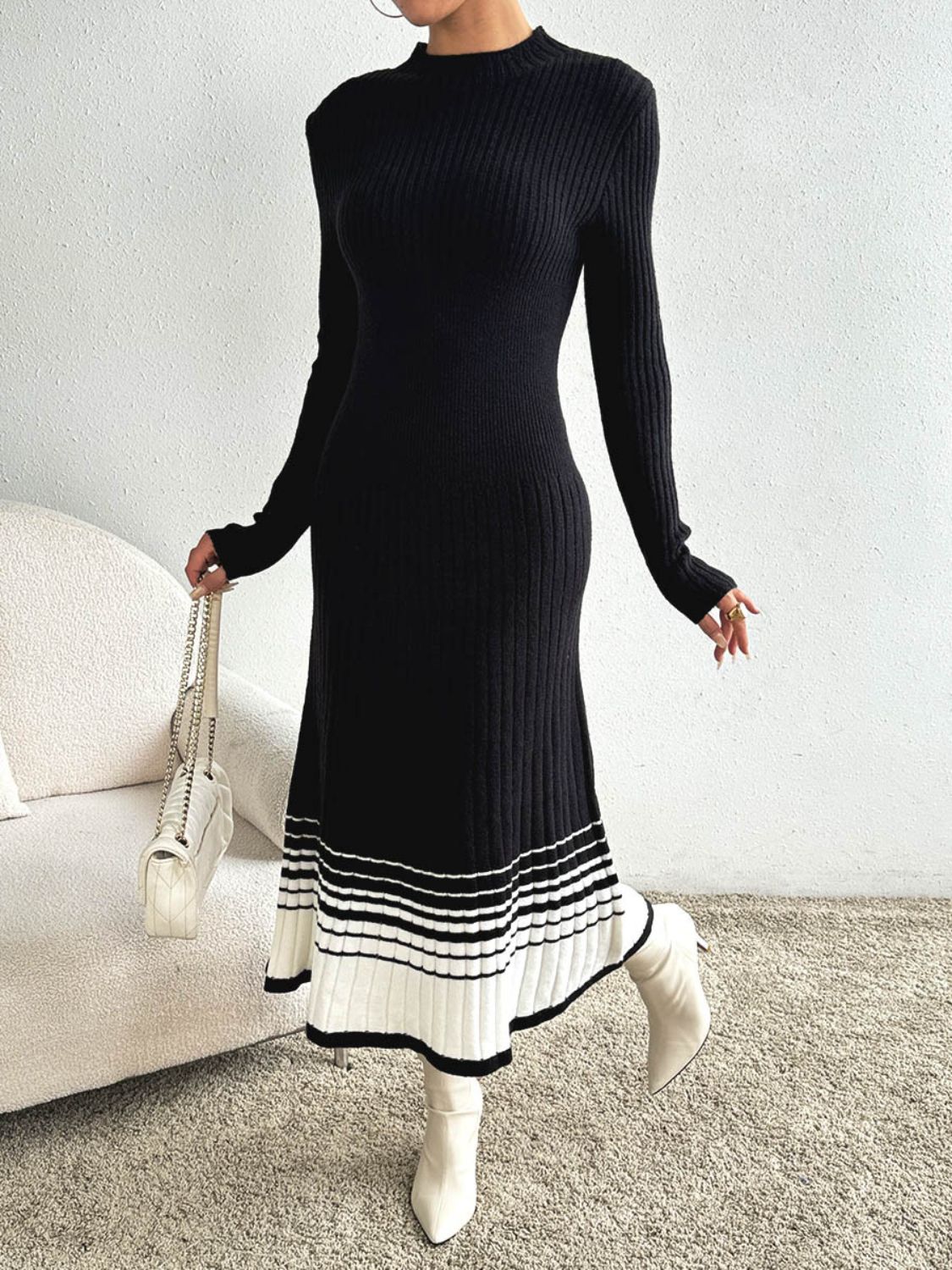 Contrast Mock Neck Long Sleeve Sweater Dress - Classique Collection