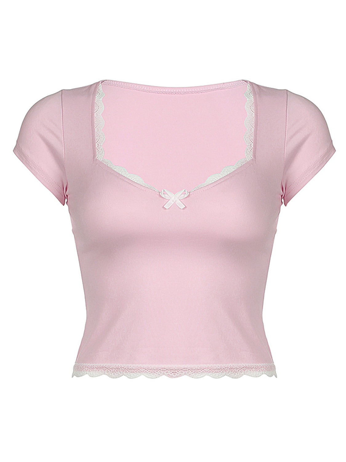 Lace Detail Sweetheart Neck Short Sleeve T-Shirt - Classique Collection