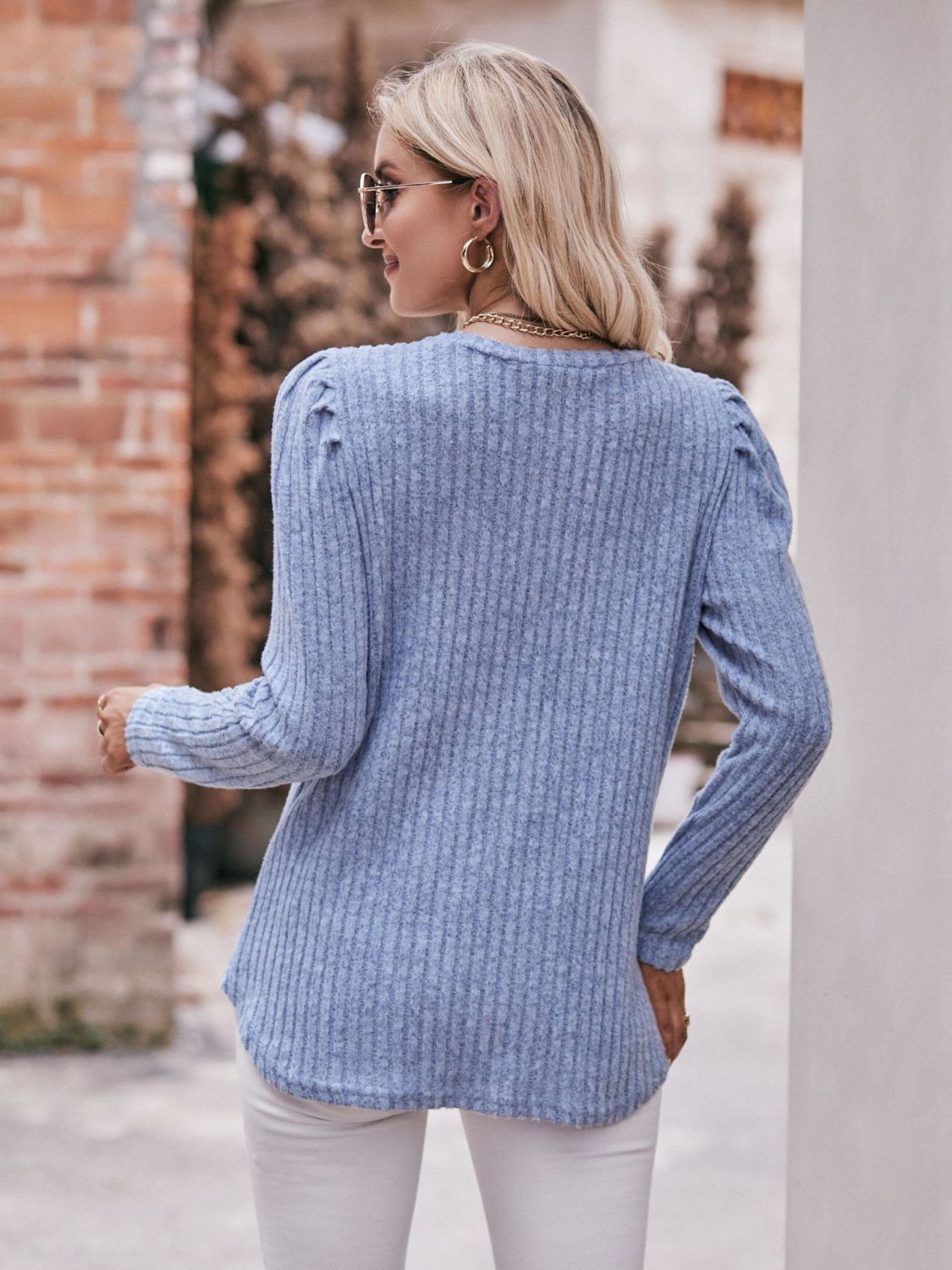 Mandy Round Neck Puff Sleeve Ribbed Top - Classique Collection