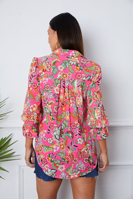 Floral Button Up Flounce Sleeve Shirt - Classique Collection