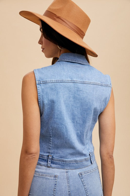 Annie Wear Collared Neck Button Down Denim Vest - ClassiQ