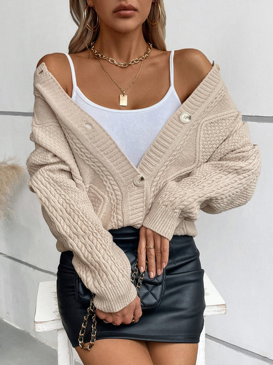 Cable-Knit Round Neck Button Up Cardigan - ClassiQ