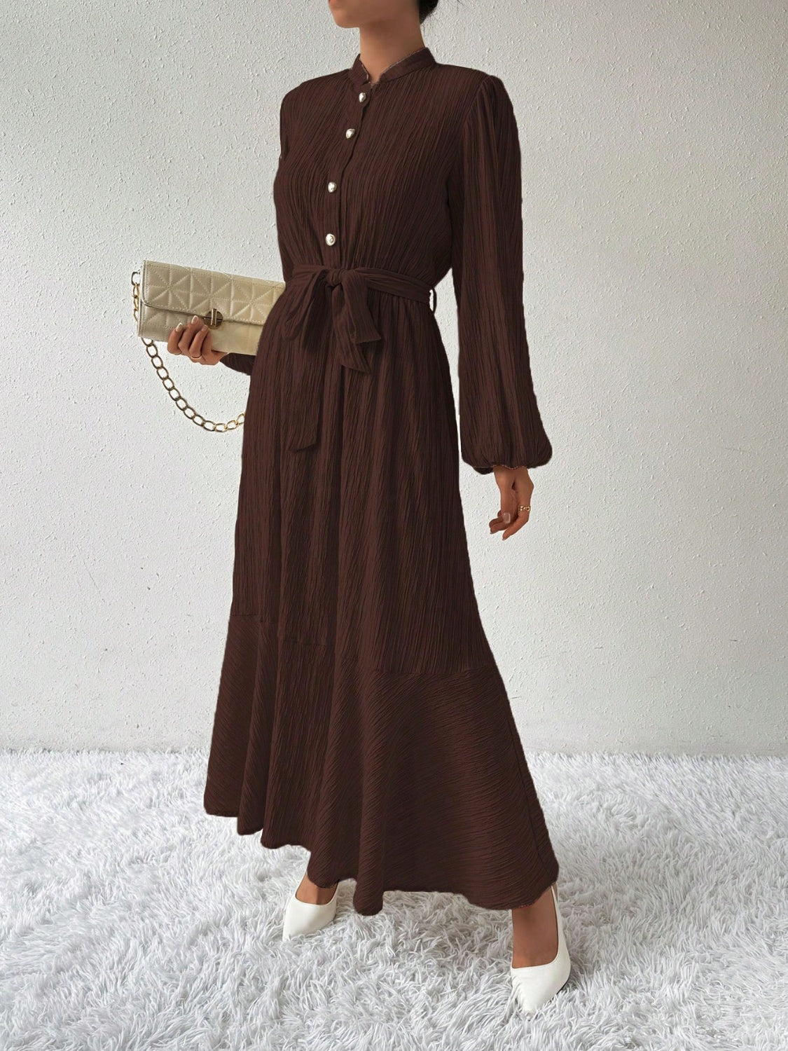 Half Button Tie Waist Long Sleeve Maxi Dress - Classique Collection