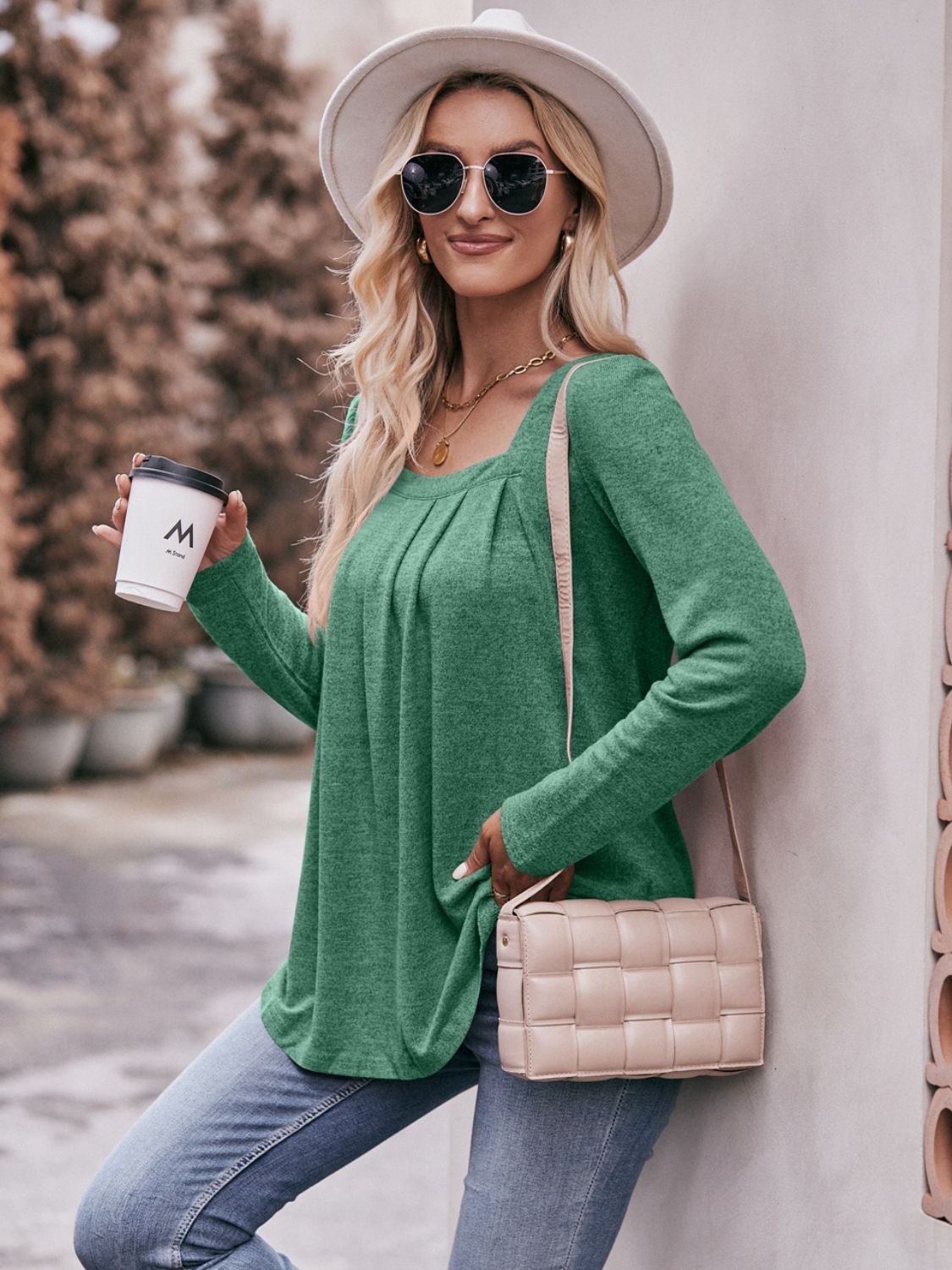 Mandy Pleated Detail Curved Hem Long Sleeve Top - ClassiQ
