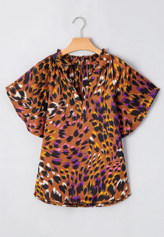 Leopard Notched Short Sleeve Blouse - Classique Collection