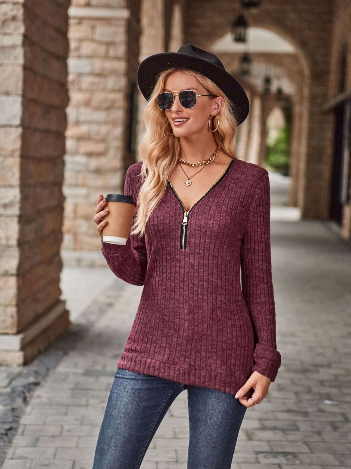 Half-Zip V-Neck Long Sleeve Top - Classique Collection