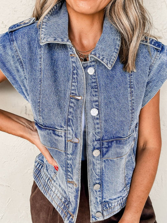Button Up Cap Sleeve Denim Jacket - ClassiQ