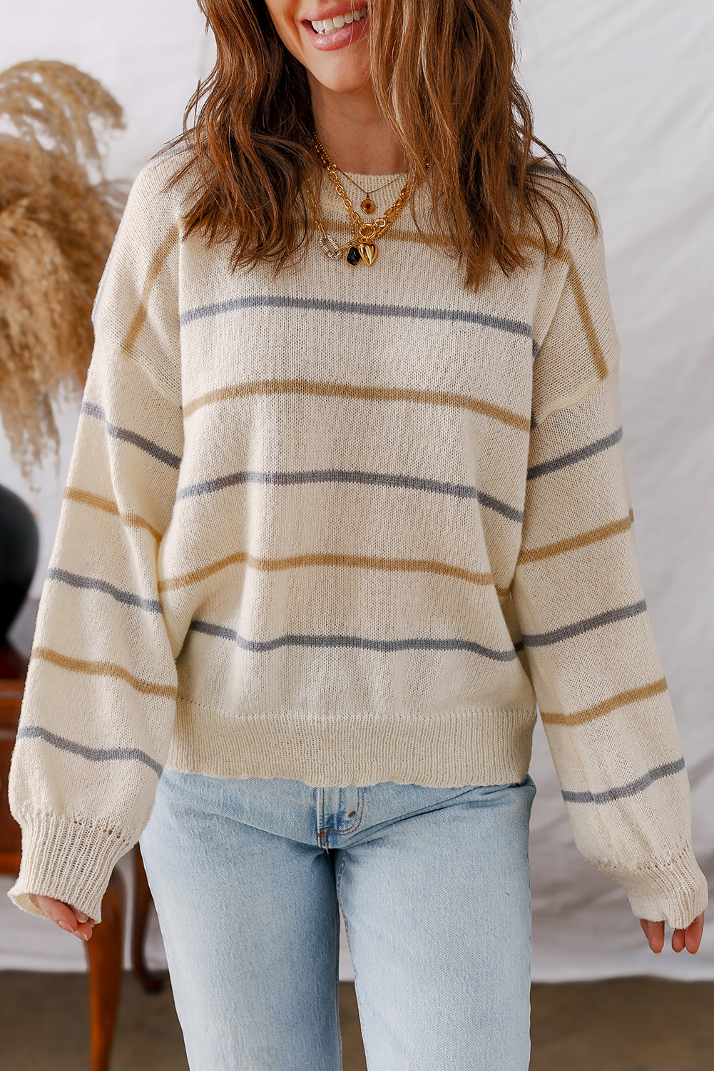 Brown Striped Ribbed Edge Drop Shoulder Sweater Shewin