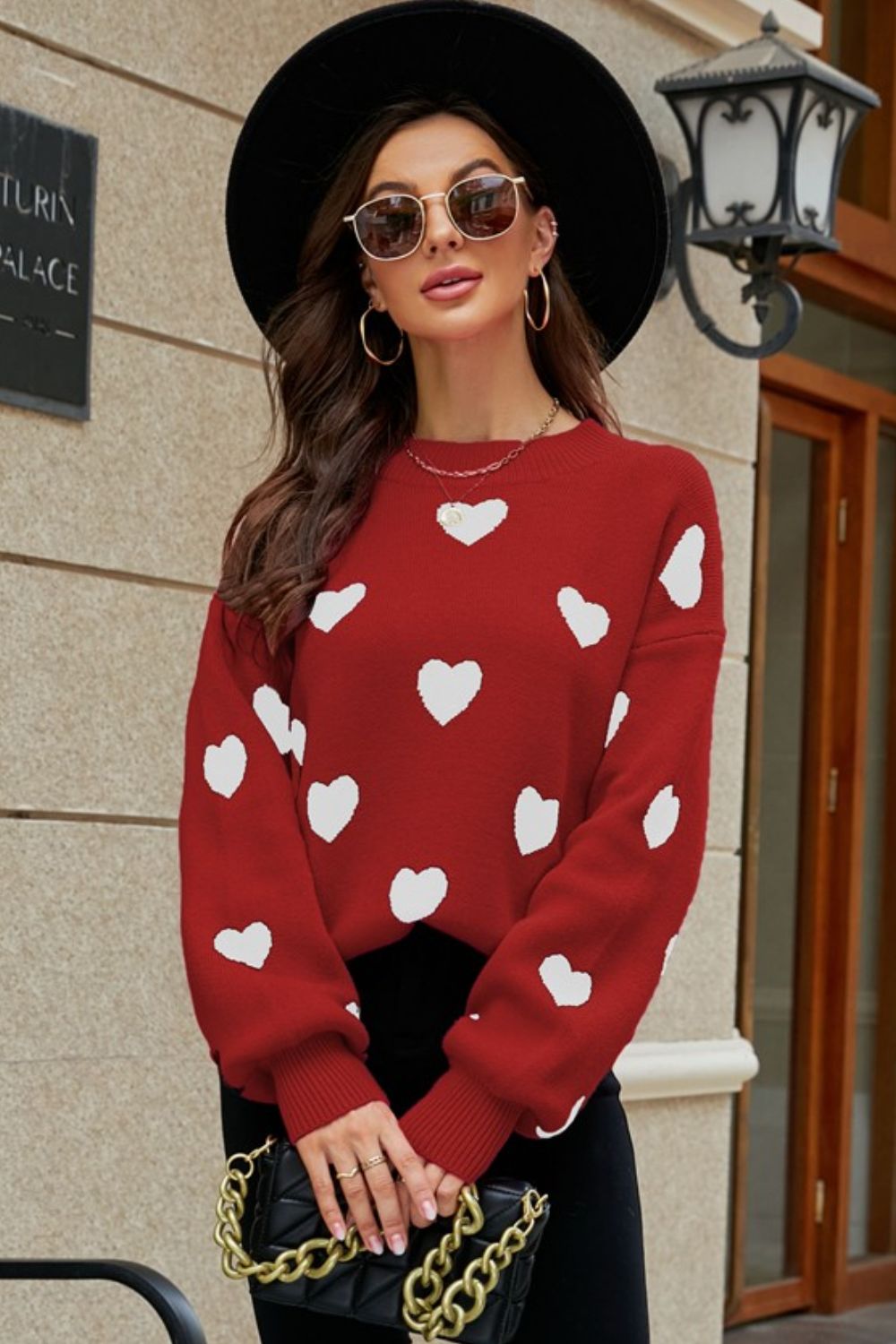 Woven Right Heart Pattern Lantern Sleeve Round Neck Tunic Sweater - ClassiQ