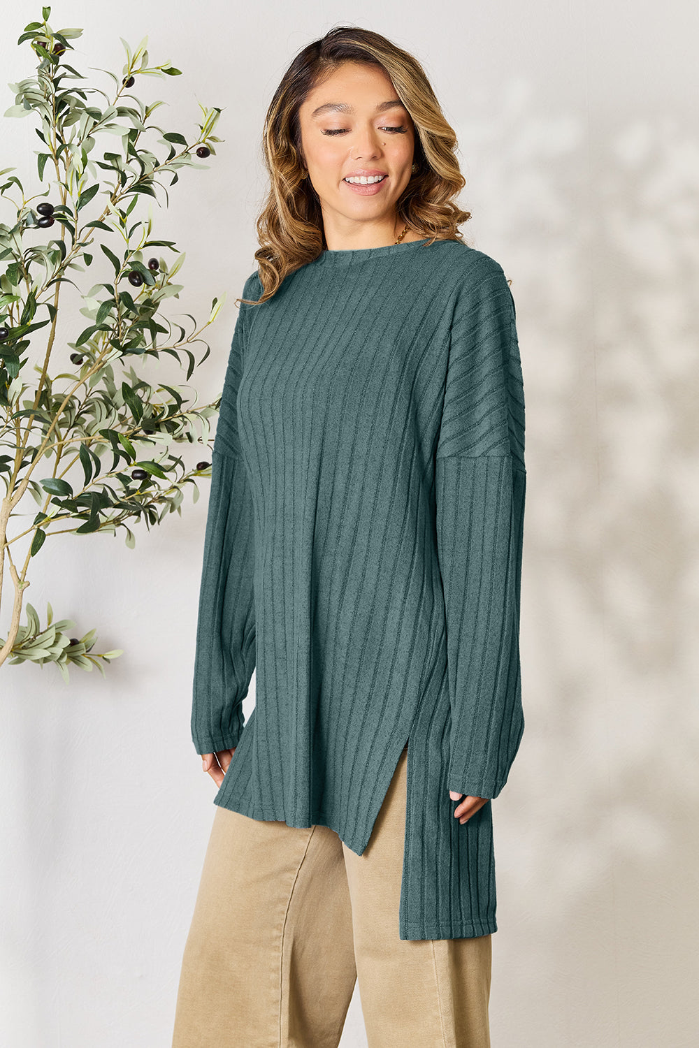 Basic Bae Full Size Ribbed Round Neck Long Sleeve Slit Top - Classique Collection