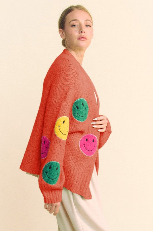 Davi & Dani Fuzzy Smile Open Front Long Sleeve Cardigan - Classique Collection