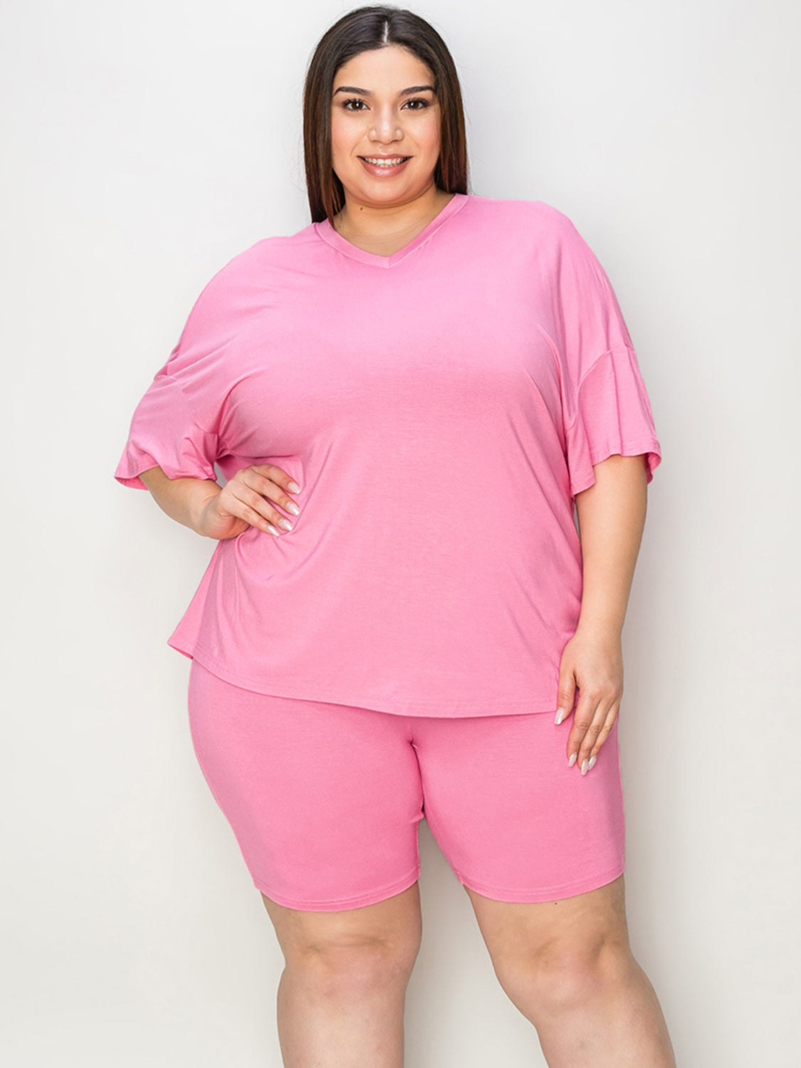 Basic Bae Full Size V-Neck Drop Shoulder T-Shirt and Shorts Set - ClassiQ